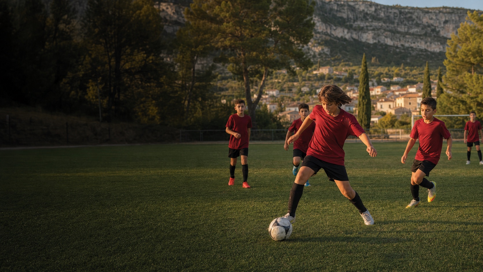 Jeunes footballeurs à l'entraînement sur un terrain provençal
